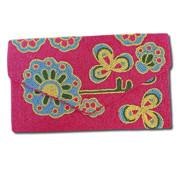Spring Fling Floral Seed Beaded Fuchsia Pink Crossbody Clutch Handbag Bag NEW - Picture 3 of 5
